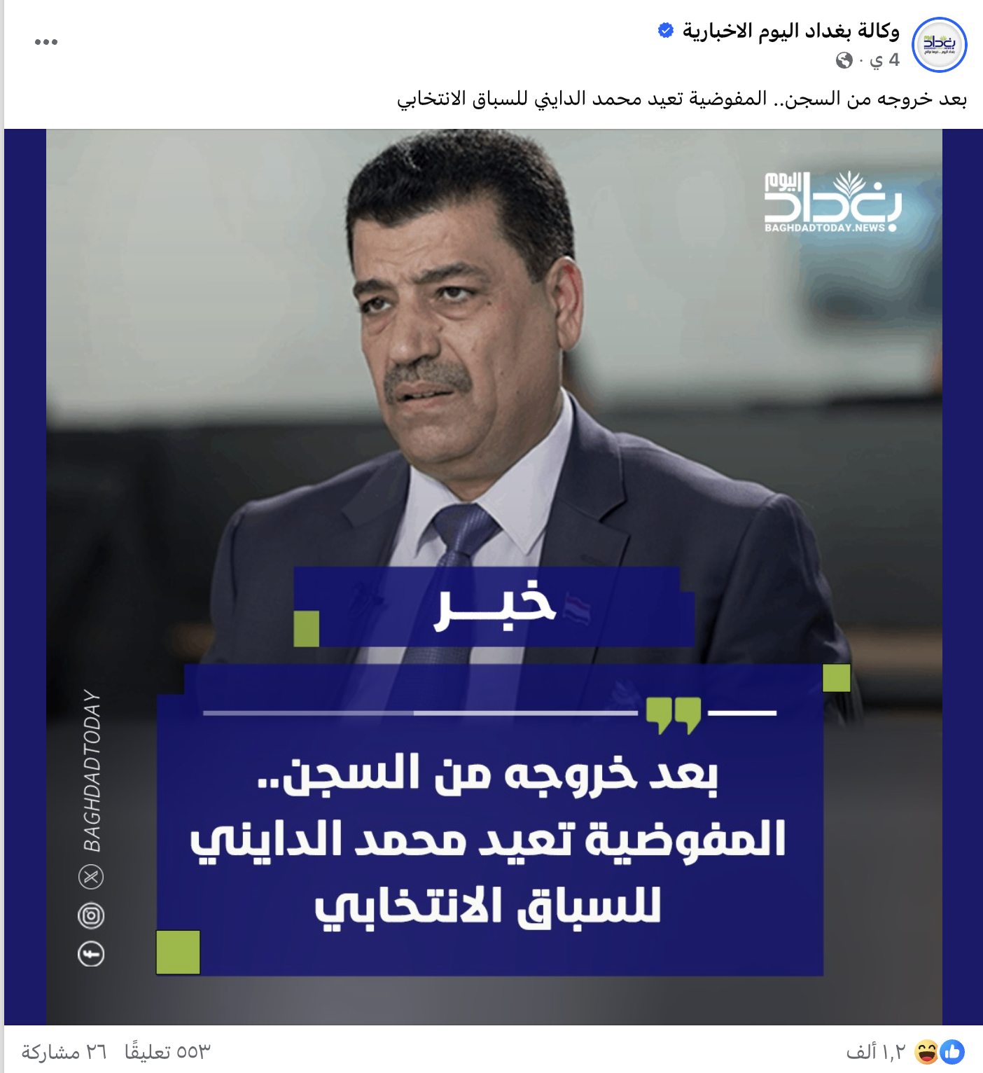 الادعاء المتداول بشأن إعادة محمد الدايني للسباق الانتخابي العراقي